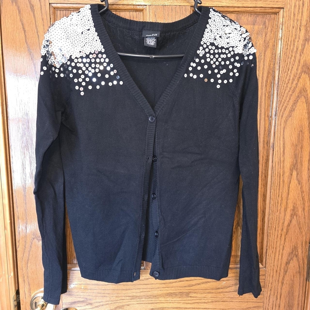 Rue21 Black Cardigan with Silver Sequin Shoulders